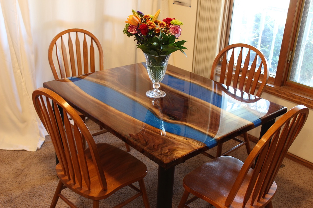 Handcrafted live-edge river table, custom woodcraft made in McFarland, Wisconsin, near Madison